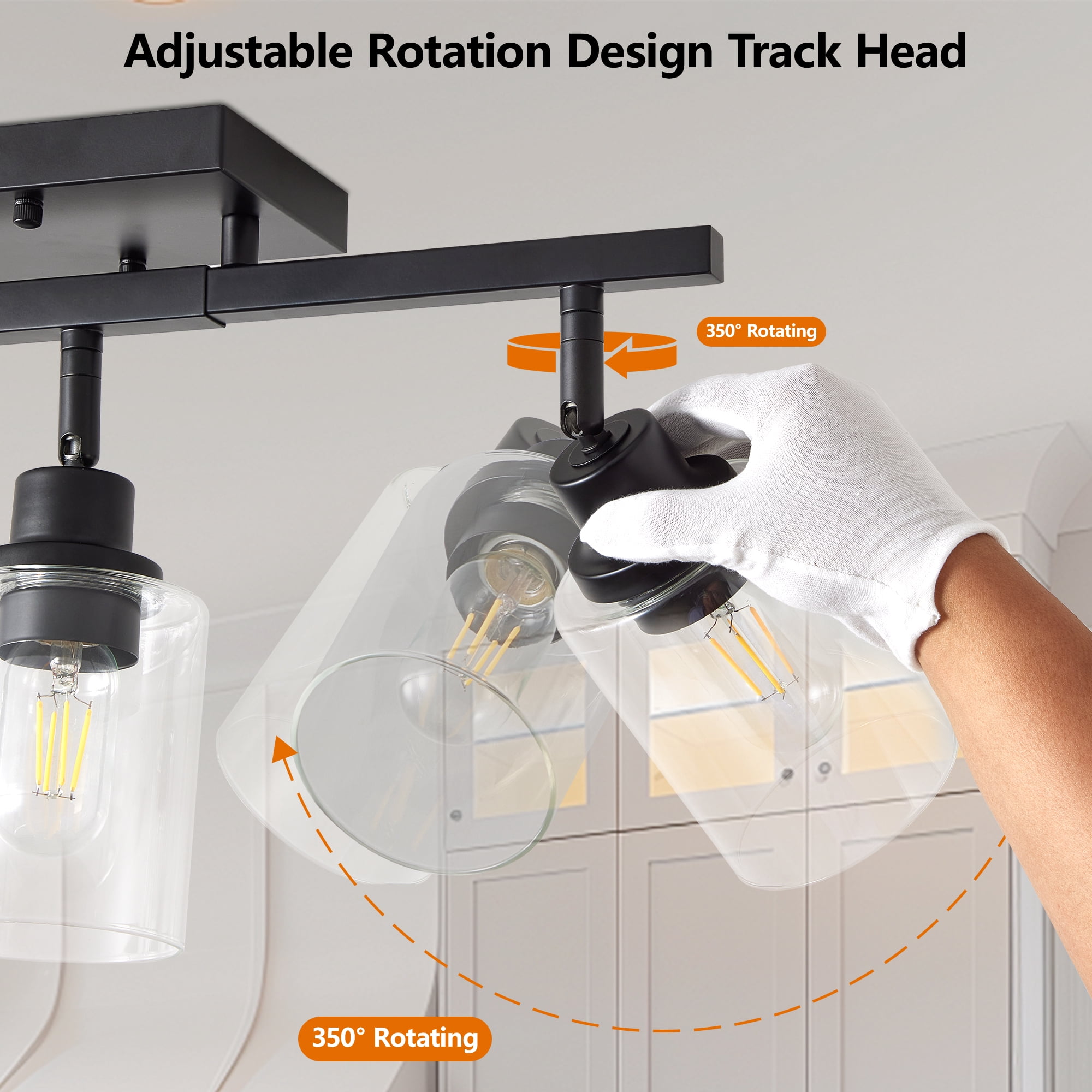 Leumius 3-Light Semi Flush Mount Ceiling Light, Adjustable Kitchen Light Fixtures Ceiling Mount with Clear Glass Shades, Rotatable Black Track Lighting Fixtures for Hallway, Foyer, Bedroom(No Bulbs)