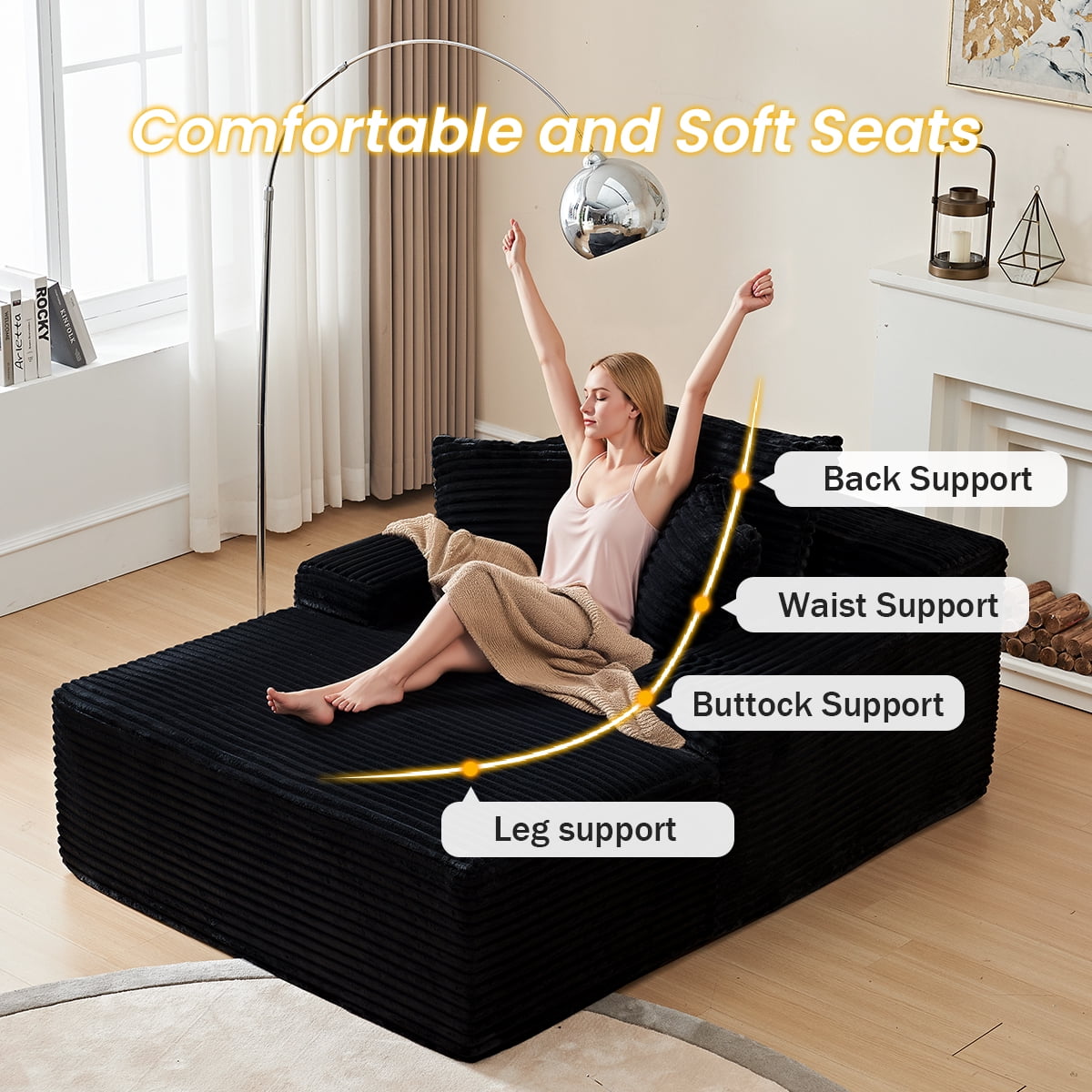 49.6" W Oversized Chaise Lounge Chair Indoor, Boneless Couch with 4 Pillows, Cozy Reading Chairs with Wide Arms, No Assembly Corduroy Boneless Chair, Memory Foam Couch for Living Room, Gray