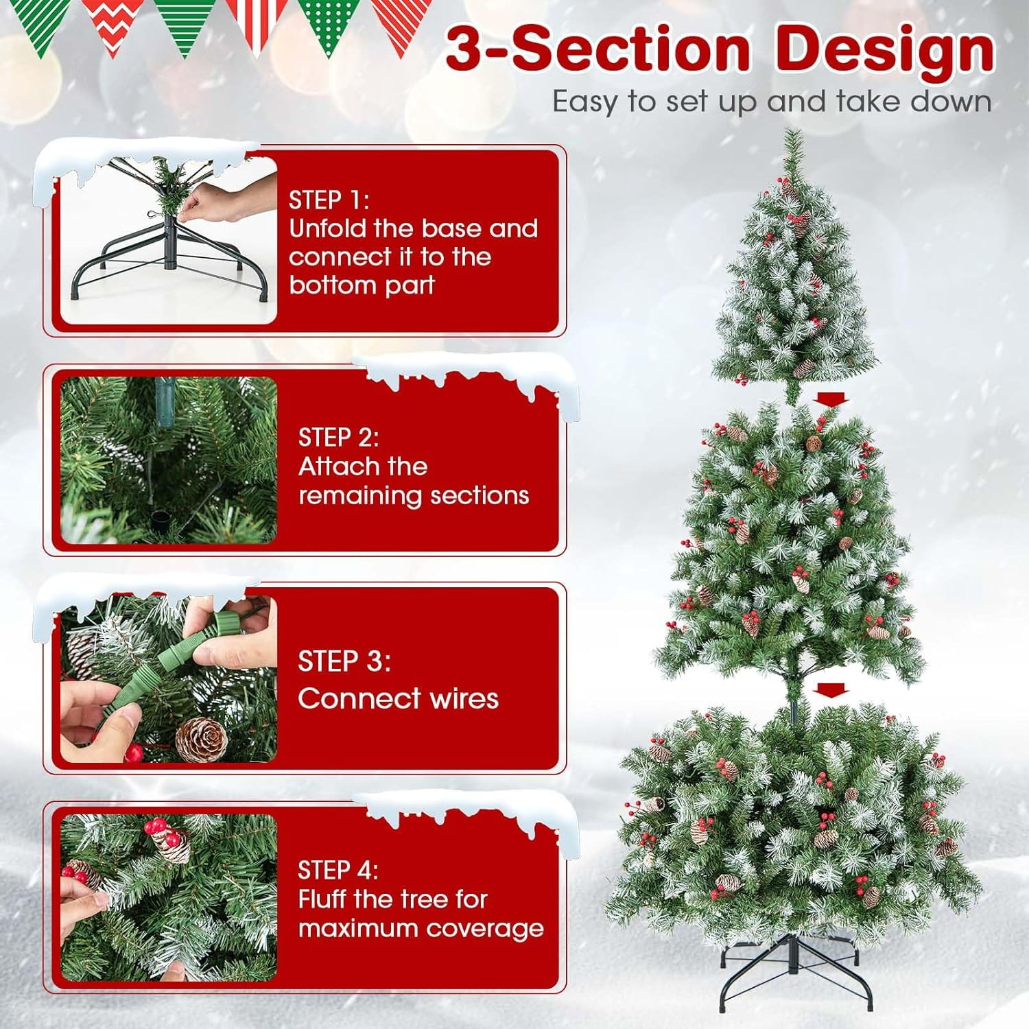 Gymax 6.5’ Xmas Artificial Tree Decor Hinged 207 Red Berries and 420 Warm LED Lights