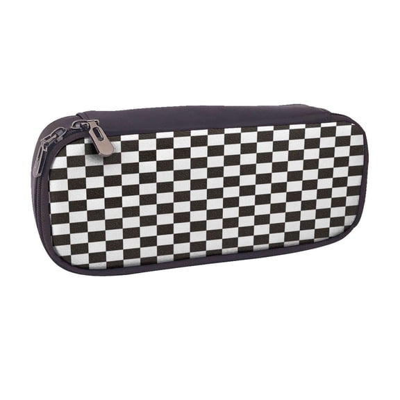 Vsdgher Black and White Checkerboard Print Pen Case Leather Pencil Pouch Markers Holder Big Capacity Bag with Zippered Pocket for Stationery Tool