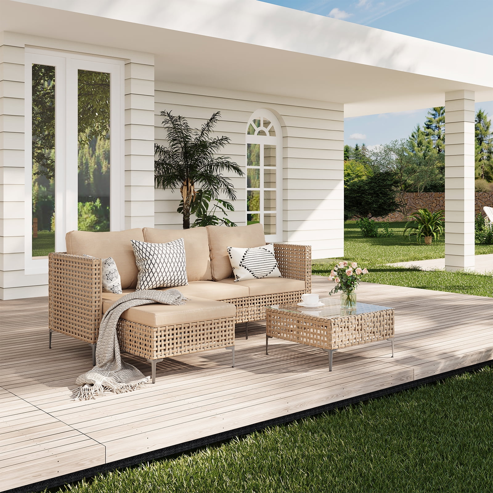 ZXRLHX 3PCS Outdoor Patio Furniture Set,Chaise Longue with Couch & Coffee Table, Outdoor Wicker Conversation Set.