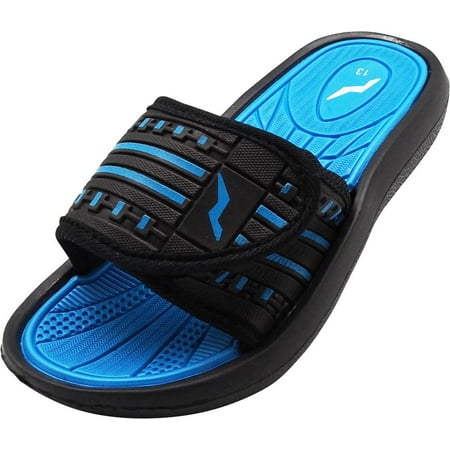 Norty Boys Summer Comfort Casual Slide Flat Strap Shower Sandals Slip On Shoes, 40345 Black-Blue /