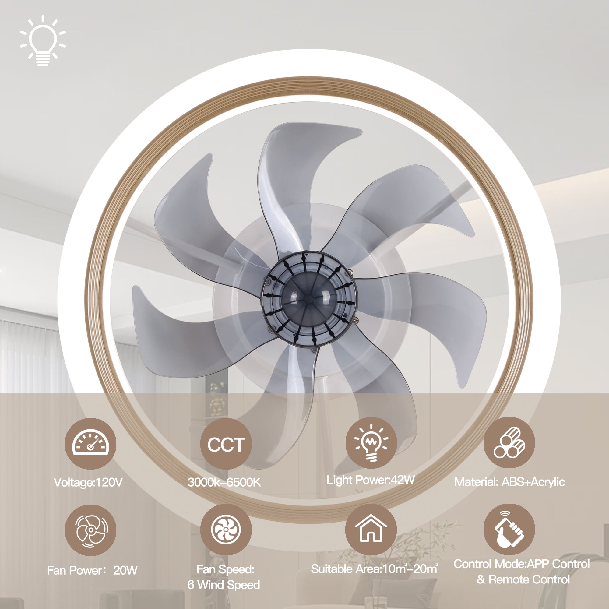 LISUNAR 20" Ceiling Fans with Lights and Remote,Gold-Smart Dimmable low profile ceiling fan with light,Ceiling fans with lights flush mount，Stepless Color Temperature Change and 6 Speeds 7 Blades