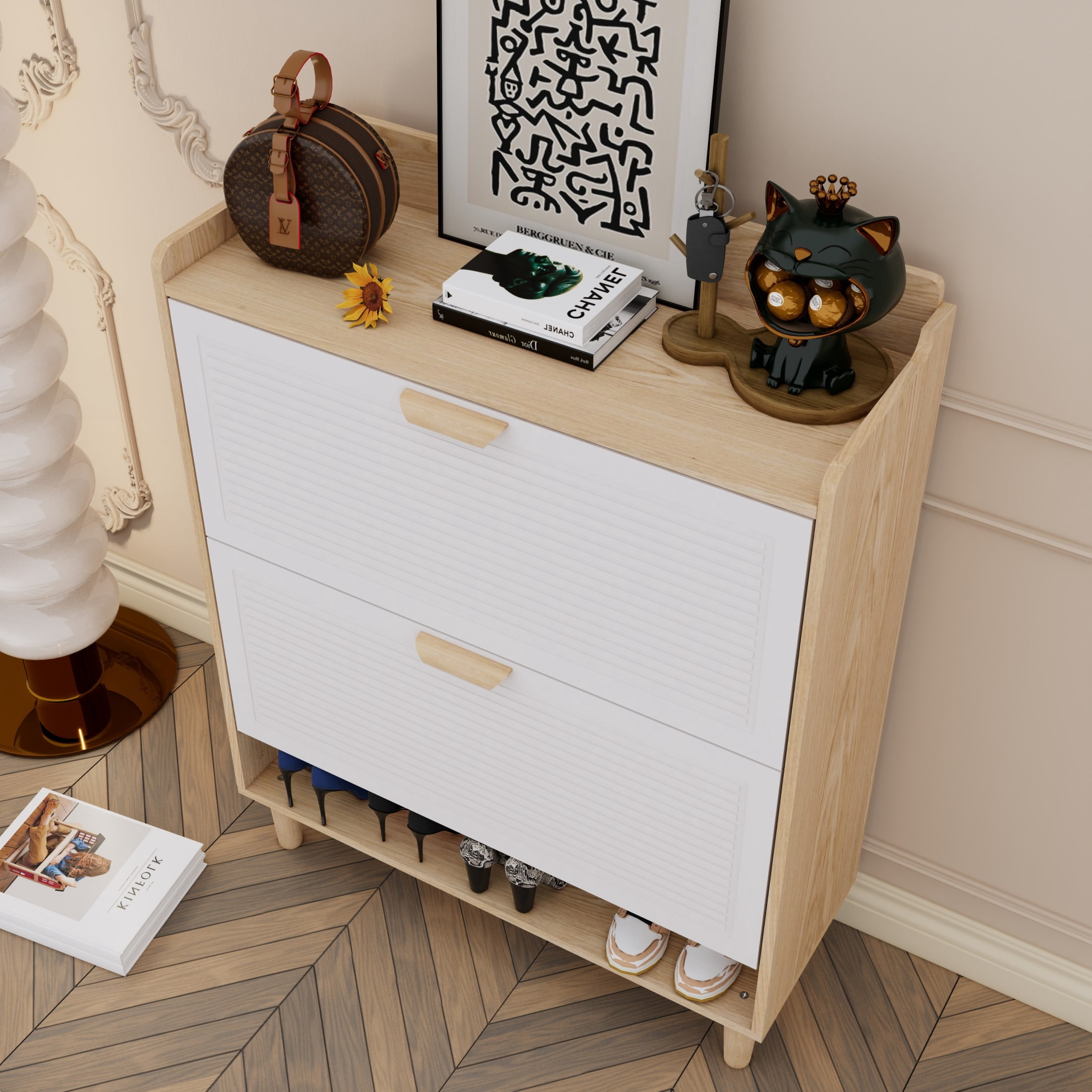 Noble House 31" Nordic Shoe Storage Cabinet, Flip Drawer Narrow Entryway Organizer, Solid Wood Legs, White & Natural