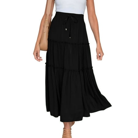 

Women 2023 Spring Summer Long Skirts Casual Elastic High Waist Pleated Swing A Line Boho Beach Maxi Skirt Solid Ruched Ruffles Skirts Wyongtao