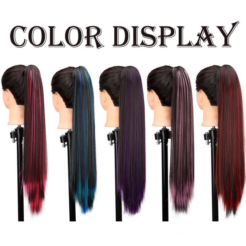24Inch Synthetic Women's Claw Clip Ponytail Extension Highlighted Red Purple Straight Hair Heat Resistant for Daily Women