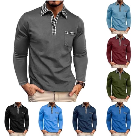 VBTAPA Golf Polos for Men Long Sleeve Plaid Splice T-Shirts Regular Fit Business Casual Polos Shirt with Chest Pocket Dark Blue XL