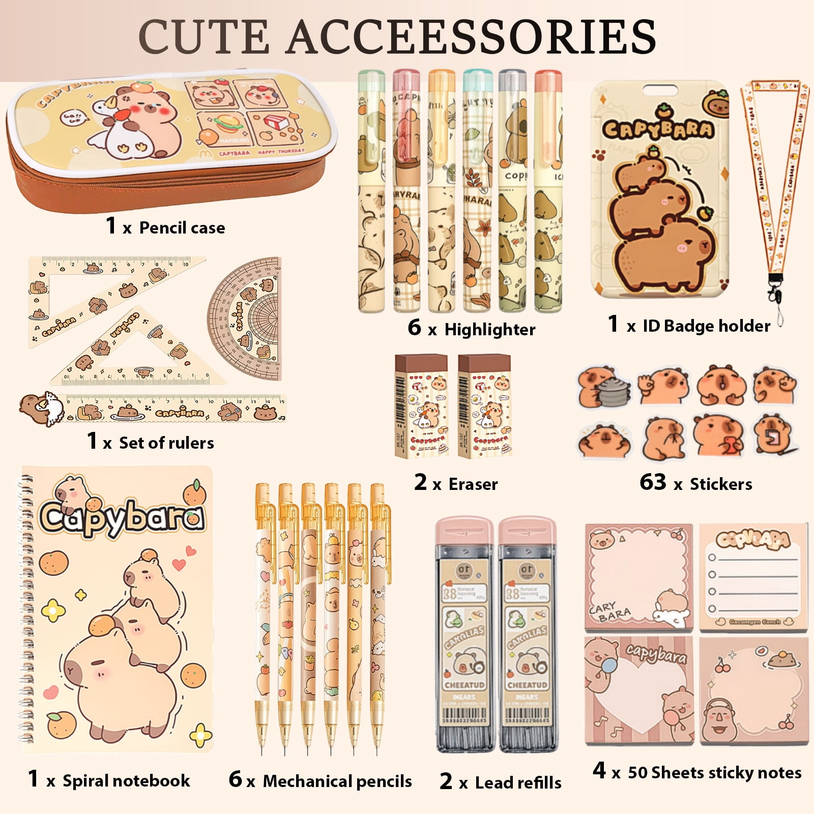 Capybara Stationery Set,Kawaii Stationery Birthday Christmas Gifts,Includes Sticky Notes,Mechanical Pencils,Highlighters,Notebook,Stickers etc