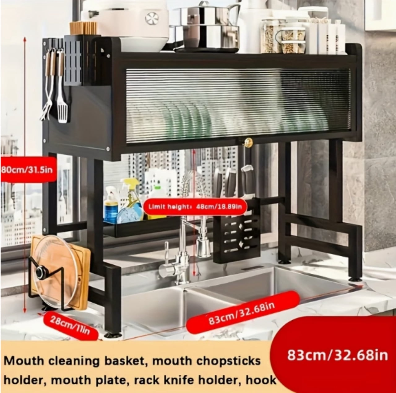 Over The Sink Dish Drying Rack, 3-Tier Carbon Steel Kitchen Storage Cabinet with Cover, Heavy-Duty Large Capacity Dish Drain Shelf for Kitchen Sink Organization