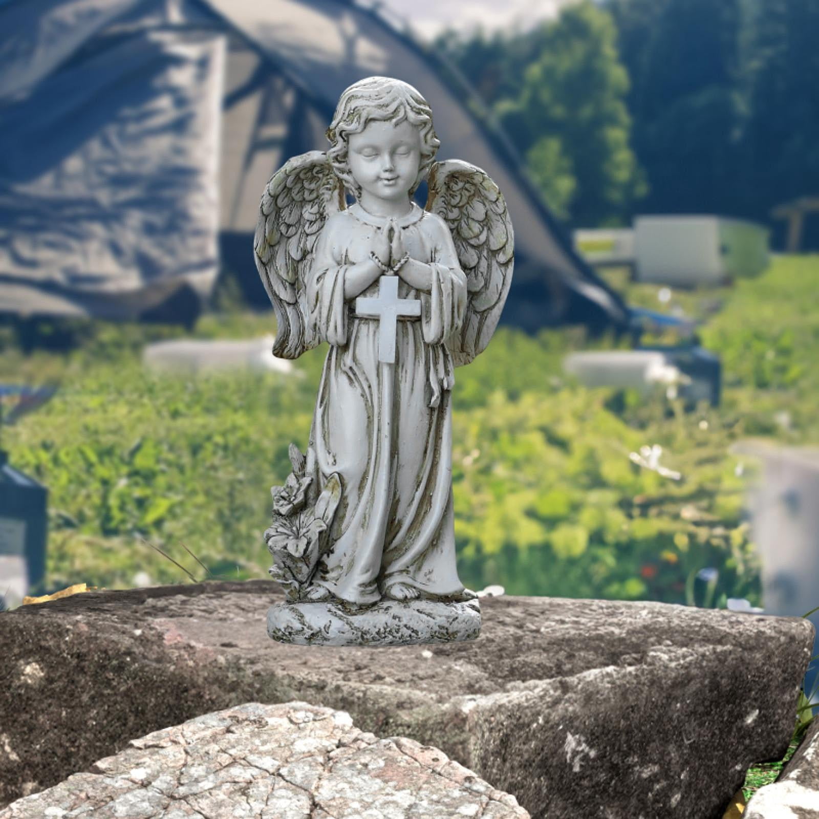 Fancyes Memorial Angel Garden Sculpture with Light Cemetery Decoration Decorative Display Sympathy Gift Multifunctional 11.8inch Tall
