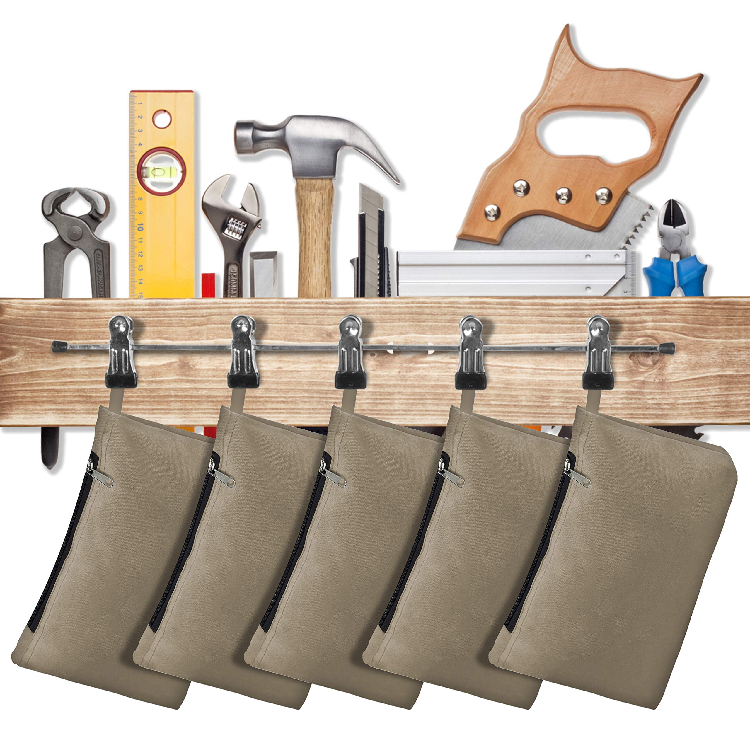 COVERS&ALL Tool Bag, 12 Oz Heavy Duty Waterproof Pouch with Sturdy Zipper, Utility Multipurpose for Tools Storage Makeup (Pack of 5, Beige)