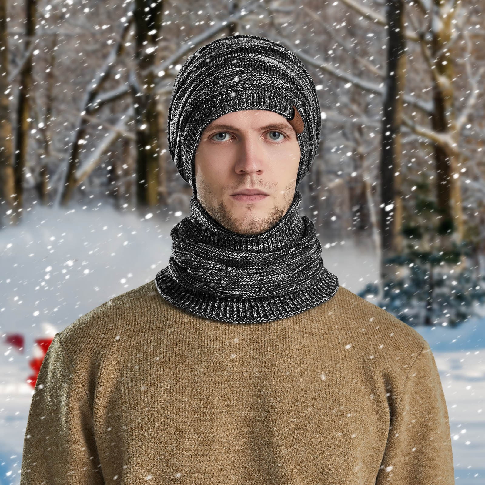 Tanhomme Fleece Ski Covers Winter Face-Cover Windproof Hooded Scarf Cold Weather Hat Neck Warmer Men's Women's Winter Knitted Fleece Windproof Hood Scarf Coif Winter Knit Hat Warm Hats