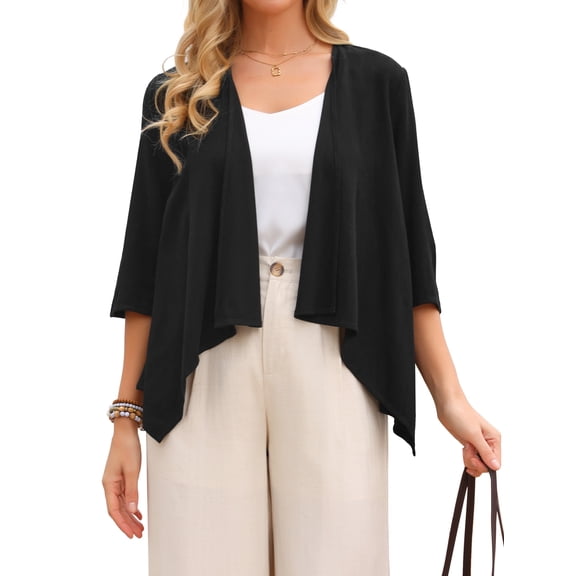 DARING DIVA Women's 3/4 Sleeve Open Front Loose Cover Ups Lightweight Shrug S Black