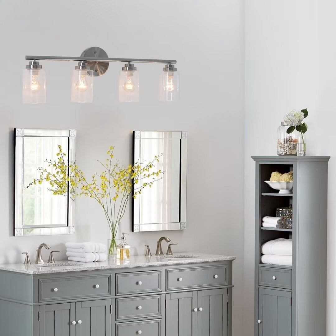 FINE MAKER Vanity Light Fixtures, 4 Lights Indoor Modern Sand Nickel Bathroom Mirror Wall Lights with Clear Glass Shade Metal Wall Mount Light