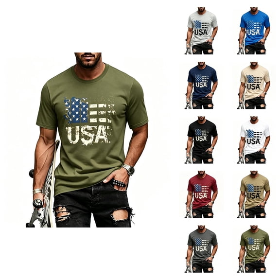 4th of July Shirts for Men Short Sleeve Crewneck Independence Day Patriotic Shirt America Flag Graphic Tee Shirts