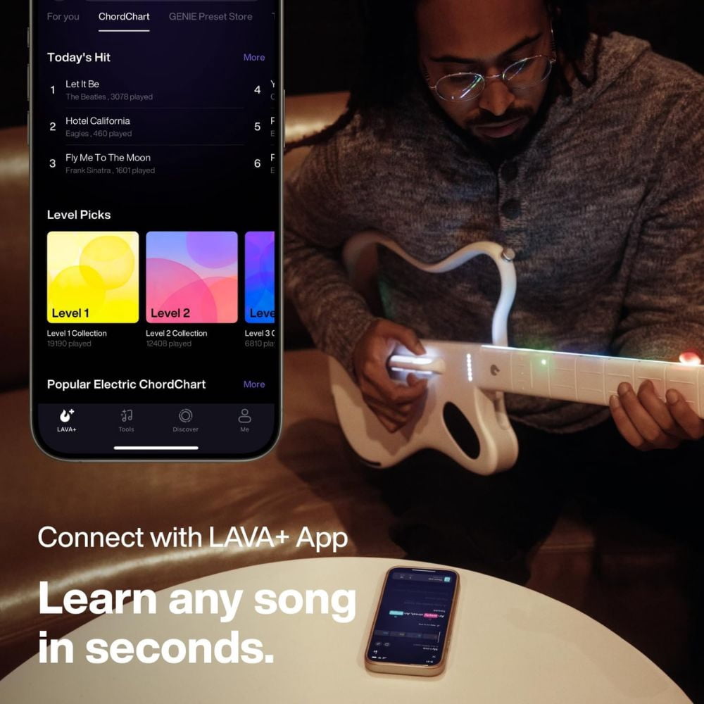 LAVA GENIE 9270002 Sampler Guitar, No Strings Attached, Hundreds of Instrument Presets, Onboard Speaker, Foldable, Detachable, White, 30.5 inch.
