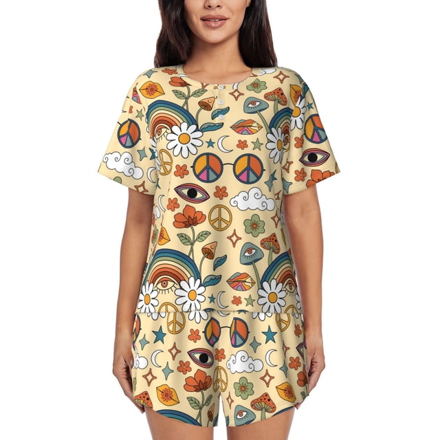 Balery Mushrooms And Rainbows Peace Conjunto de Pijama para Mujer con Estampado, Dos Piezas de Manga Corta y Shorts, Ropa de Dormir Suave con Cuello Redondo y Bolsillos-3X-Large