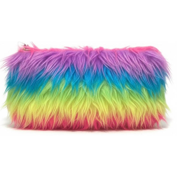 Rainbow Faux Fur Clutch Bag, Multicolor Plush Zipper Pouch, Statement Evening & Festival Handbag
