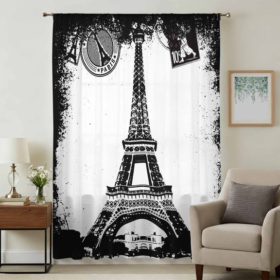 Vintage Paris Sheer Curtains 45 Inches Long, Chic Shabby Retro Landscape Black White Light Filering Curtains, Breathable Simi Curtain Privacy Drapes for Kitchen Bathroom Small Window Treatment