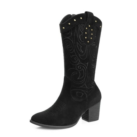 

SHIBEVER Cowboy Boots for Women Pointed Toe Pull-On Cowgirl Boots Mid Calf Western Embroidered Booties Black 8