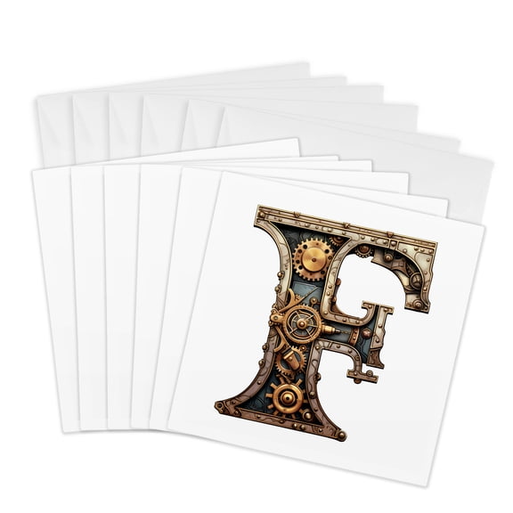 3drose, Steampunk Image of Metal Monogram Initial F, 6 Greeting Cards with Envelopes