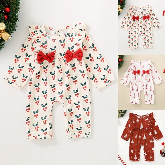 Pandaie Baby Boys and Girls Christmas Holly Print Long Sleeve Jumpsuit Ruffle Shoulder Bow Winter Newborn Romper Outfit Beige,9-12 Months