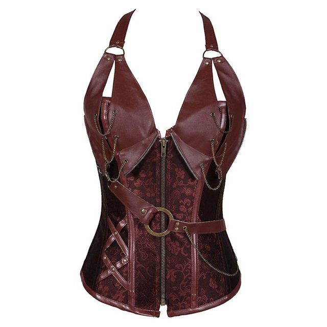 Corsé de cuero punk con hueso de acero de 14 huesos de acero vintage para mujer a la moda con cinturón moldeador de cuello colgante
