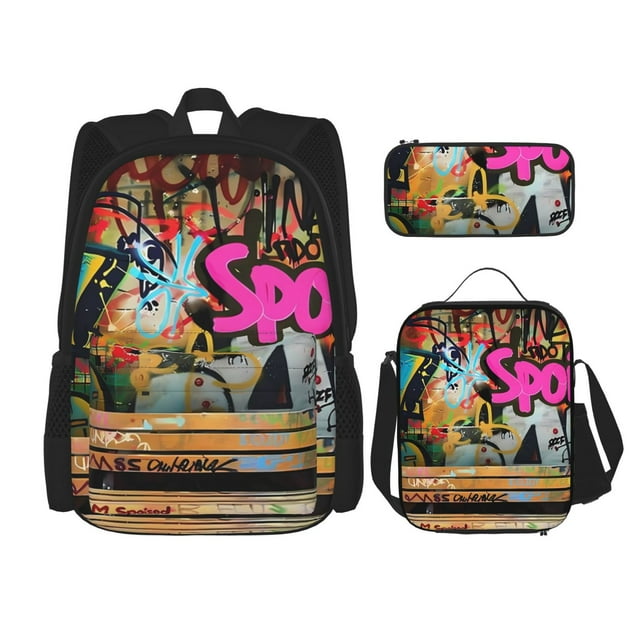 Balery Graffiti Lamp Urban Scene Mochila escolar 3 en 1 para niños: mochila resistente con lonchera térmica y estuche para lápices. Mochila escolar para niños y niñas.