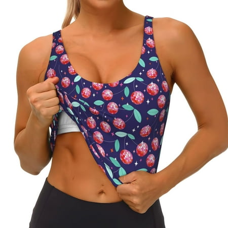 Qokaie Cool Mirror Cherries Pattern Womens Scoop Neck Sports Bra Breathable Workout Vest Padded U Back Medium Impact Fitness Gym Yoga Bra Workout Crop Top