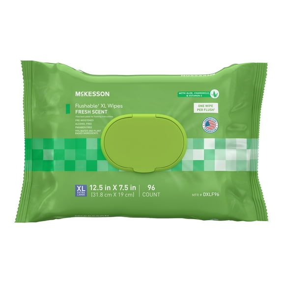 McKesson Flushable* Wet Wipes XL - Aloe & Vitamin E Formula, Gentle on Skin, Plant-Based Adult Cleansing Wipes - Scented, 96 Wipes, 1 Pack