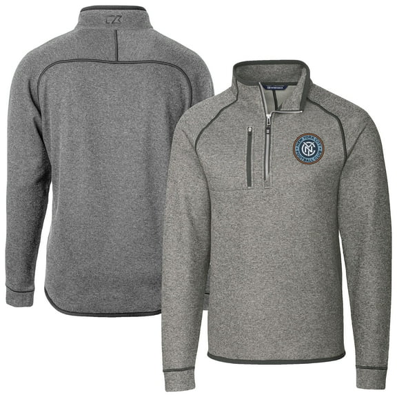 Men's Cutter & Buck Heather Gray New York City FC Mainsail Sweater-Knit Half-Zip Pullover Jacket