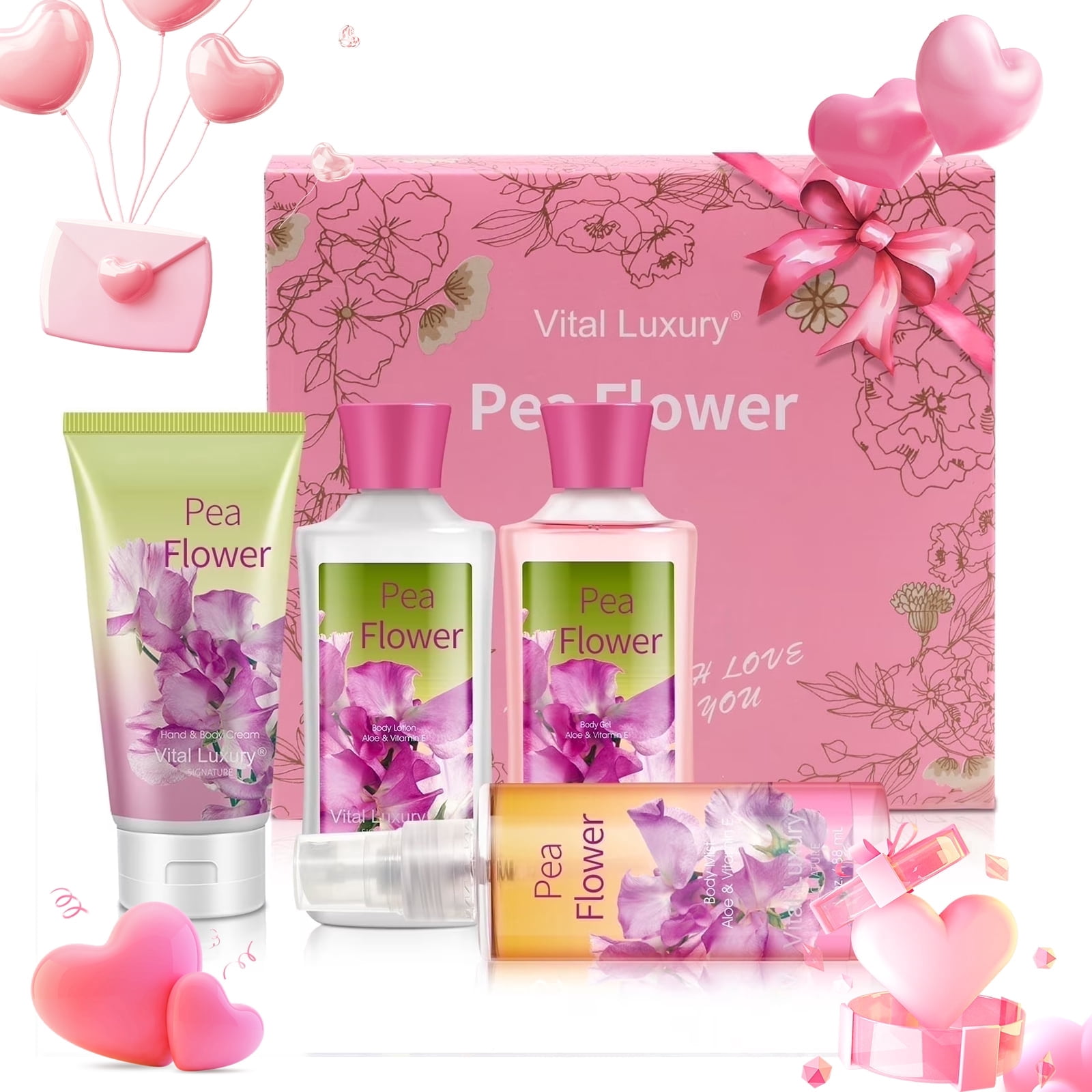 Vital Luxury Bath & Body Kit 4 Pcs,Pea Flower Scent Home Spa Set