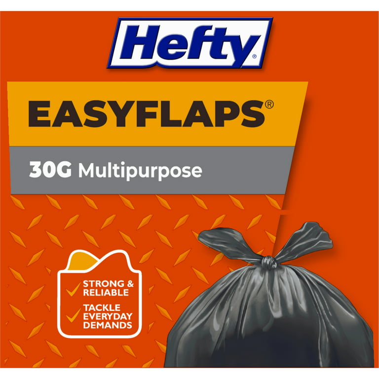 Hefty E2-7744 Easy Flaps Large Trash Bag, 30-Gallon, Black, 0.3 Mil, 4 –  Toolbox Supply