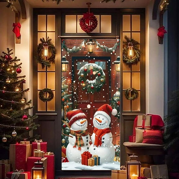 Uutvery Christmas Door Cover​​ Reindeer Snow Scene Winter Landscape Outdoor Polyester Decor Hanging Background for Office Parties 35.4 x 70.9 Inches