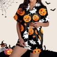 thumbnail image 2 of Halloween Silk Pajamas Women Pajama Set for Women Silk Satin Short Sleeve Button Up Top and Shorts with Halloween Print for Cozy Sleepwear and Elegant Black L, 2 of 7