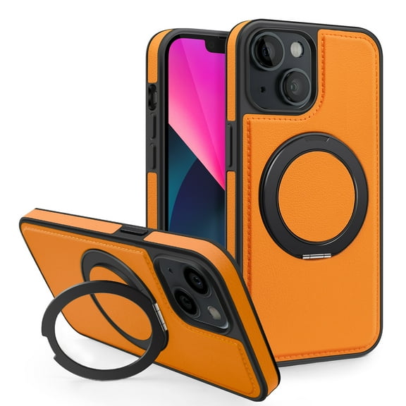 for Magnetic iPhone 13 Case, PU Leather Phone Case [Compatible with MagSafe] Rotatable Ring Holder Kickstand Design Shockproof Women Men Girls Boys Protective Phone Cover,Orange