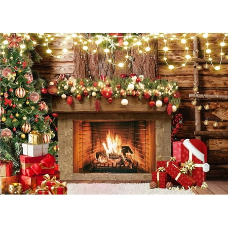 Image of 10x8ft Christmas Fireplace Backdrop Christmas Tree Gifts Decoration Photography Backdrop Xmas Holiday Photobooth