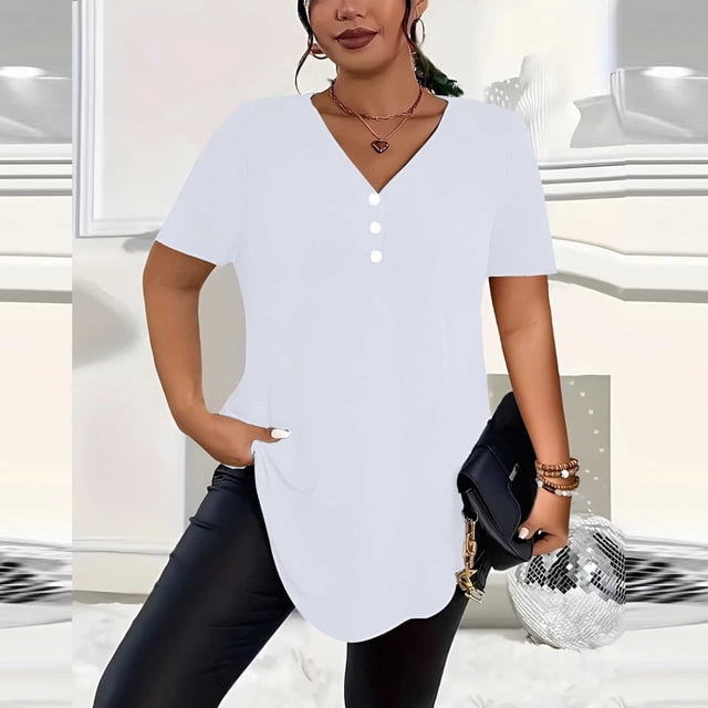 Neewe Plus Size Tops for Women Summer V Neck Short Sleeve Tee Shirts Button Casual Loose Fit Blouse Multiple Color Options