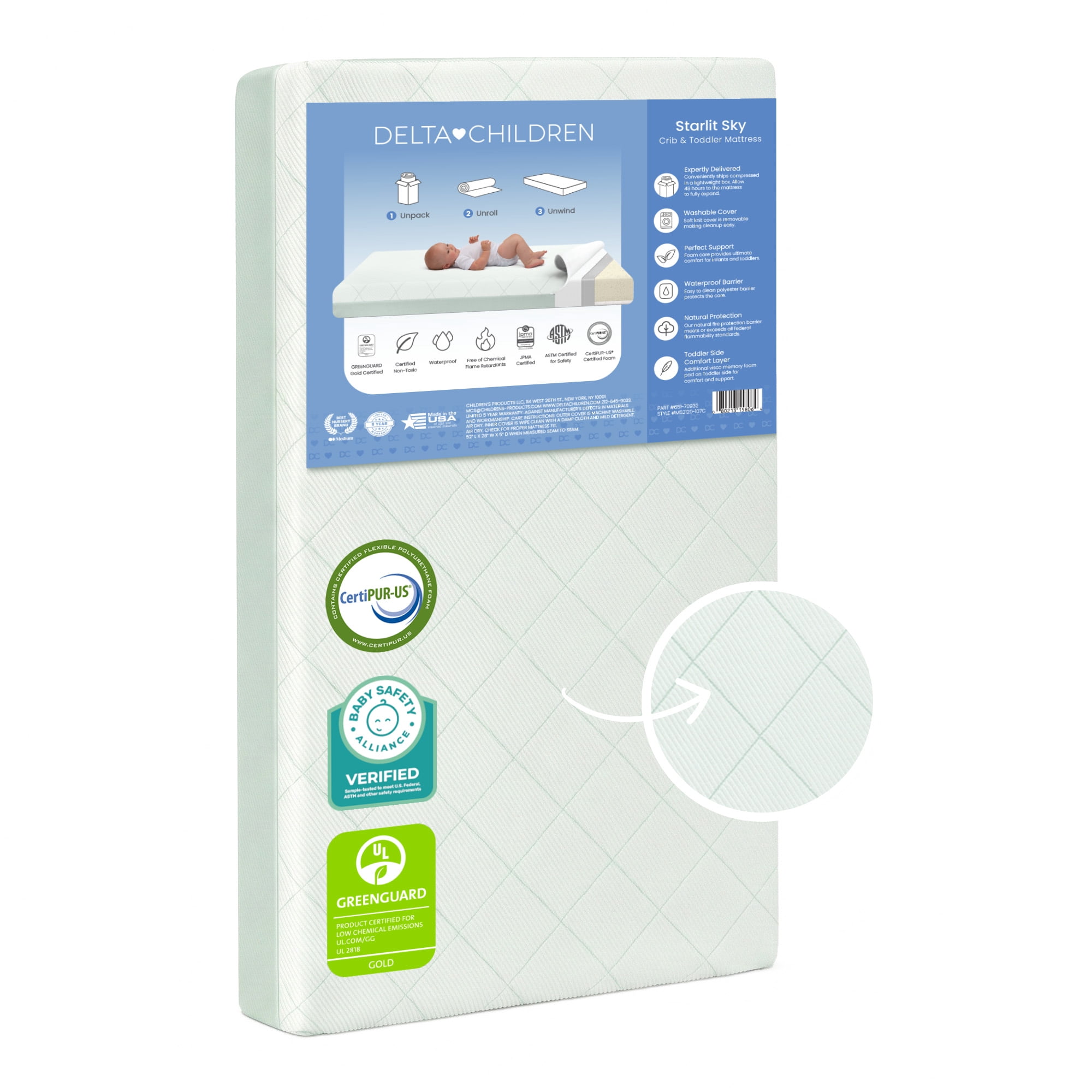 Delta Children Starlit Sky 2-Stage Crib and Toddler Mattress – GREENGUARD Gold Certified, CertiPUR-US Certified Foam, Machine Washable Cover, Waterproof Barrier, Made in USA, Green