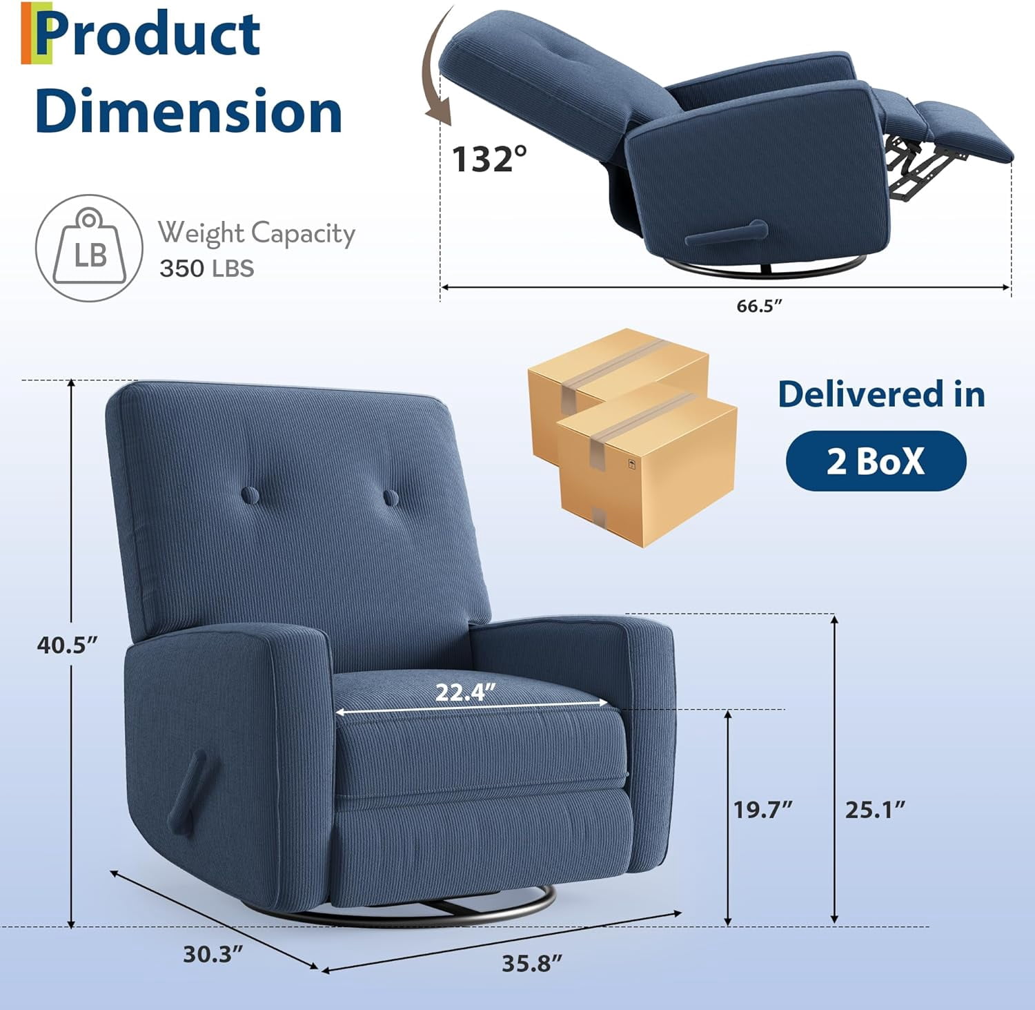 Nursery Recliner Chair, 360° Swivel Rocking Glider Chair for Adults with Adjustable Backrest & Footrest, Upholstered Armchair for Living Rooms, Bedrooms, Apartments, Blue