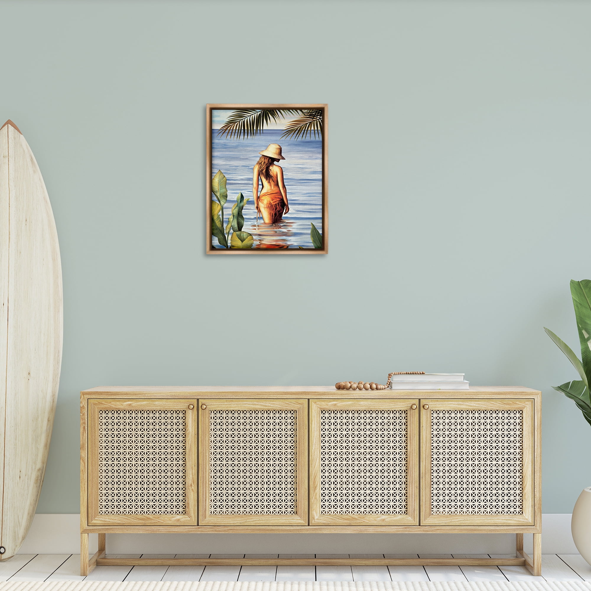 Stupell Industries Woman Wading Beach People Painting Brown Floater Framed Canvas Art Print Wall Art, 25 x 31