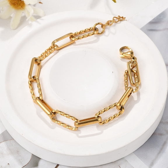 3pc 667 Stainless Steel(Grade 201 Equivalent) Chain Bracelets Paperclip Chains Real 18K Gold Plated 7-1/8 inch(18cm)