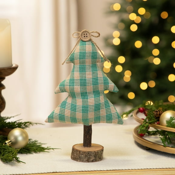 Plush Plaid Tree Christmas Decoration - 9.25" - Green and Beige