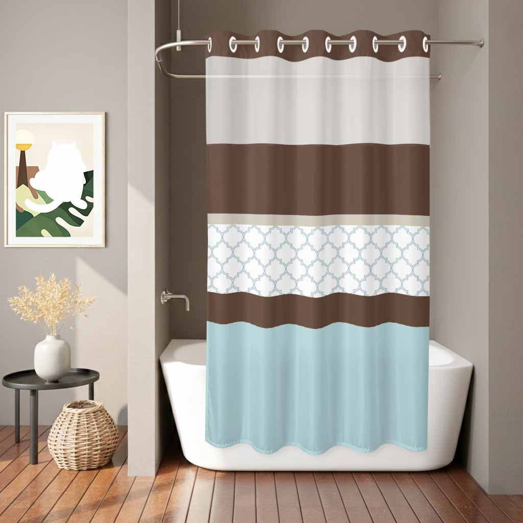 Small Stall No Hook Shower Curtains Blue Brown Morocco Waterproof Fabric Shower Curtain Set Geometric Stripes Aqua Stitching Bath Curtains for Bathroom Decor with See Through Top Window 36x72 Inch