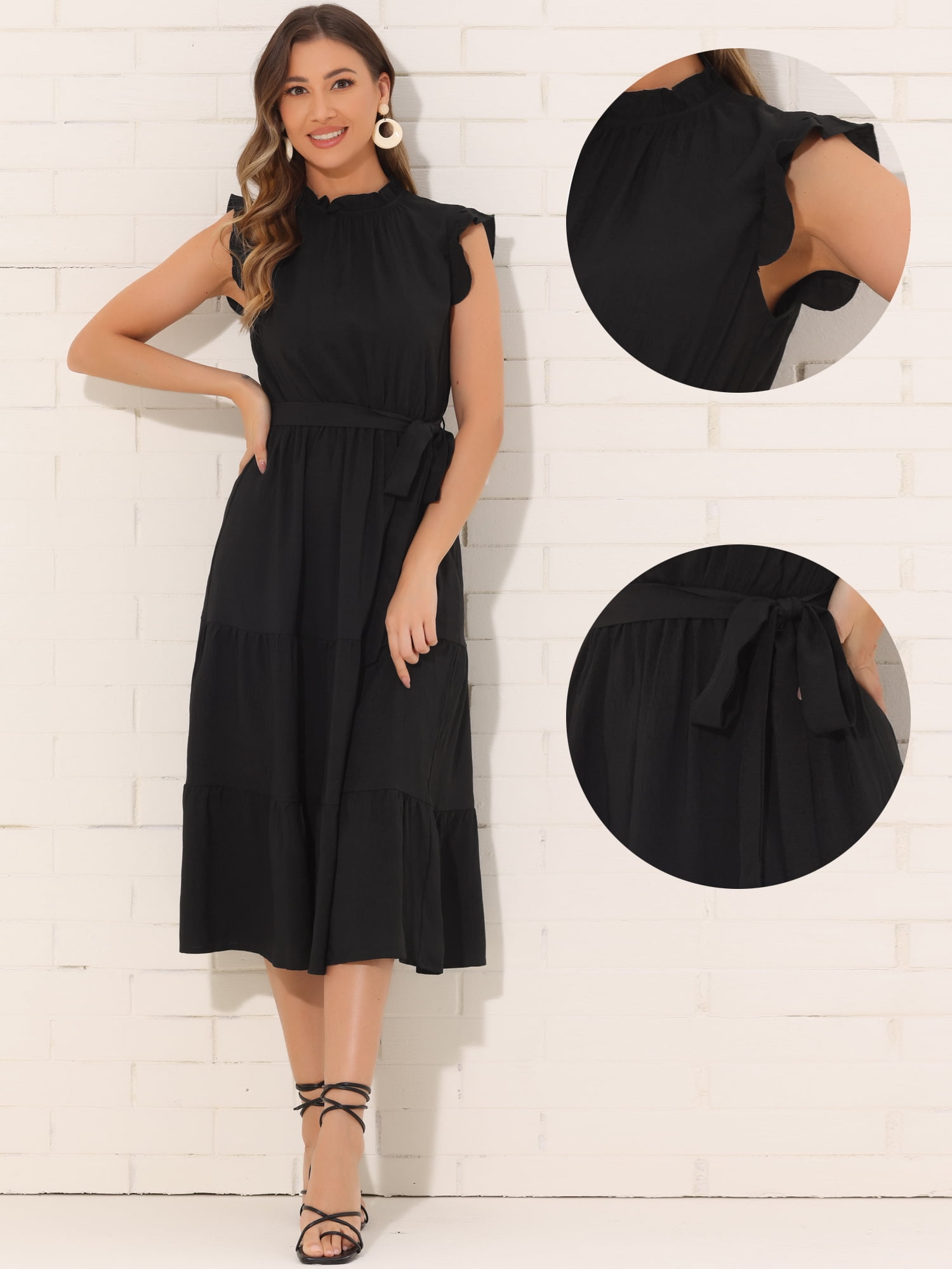 DARING DIVA Midi Ruffled Sleeve Mock Neck Casual Dress L Black