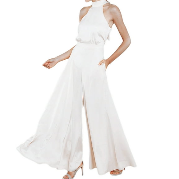 Yokua Sexy Halter Neck Sleeveless Jumpsuits One-piece Trousers Satin Wide-leg Pants