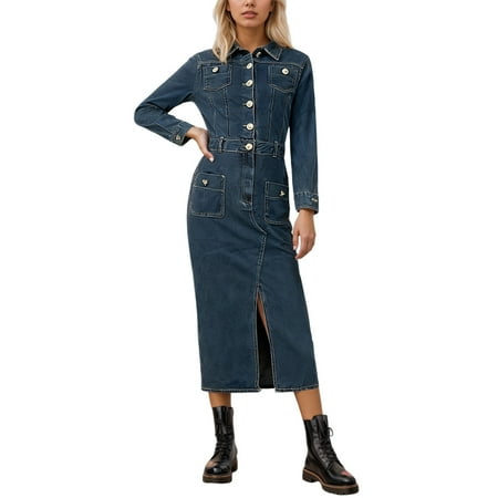DGMIOCS Women s Denim Shirt Dress for Everyday Wear with Long Sleeves and Classic Turn-Down Collar Modern Casual Mid-Length Ensemble Blue L