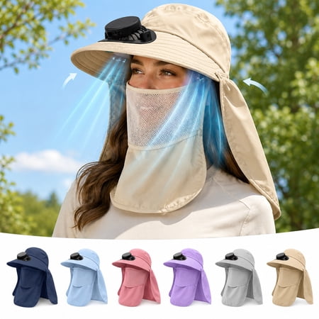 Women s Solar Fan Sun Hat Mesh Outdoor Wide Brim Hat with Face and Neck Cover for Fishing Farming Navy Blue