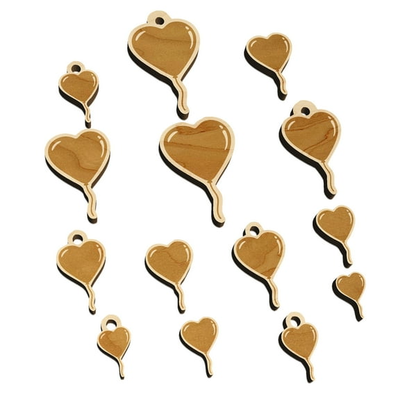 Heart Balloon Valentine's Day Wood Mini Charms Shapes DIY Craft Jewelry - With Hole - Various Sizes (16pcs)
