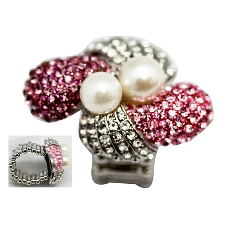 Murano Millefiori Flower Ring - Pink and Clear Rhinestone Flower With Center Faux Pearls Ring